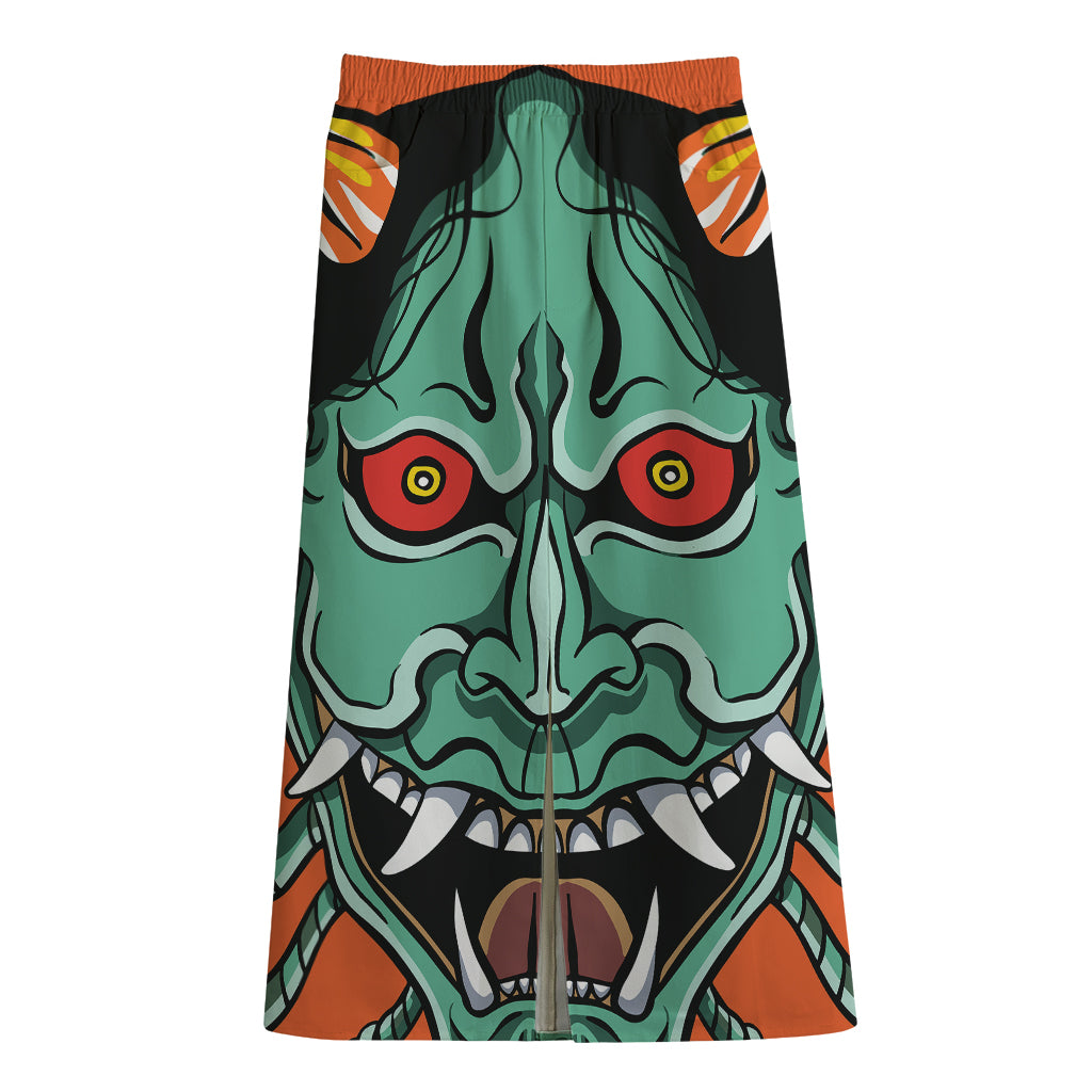 Japanese Demon Print Cotton Front Slit Maxi Skirt