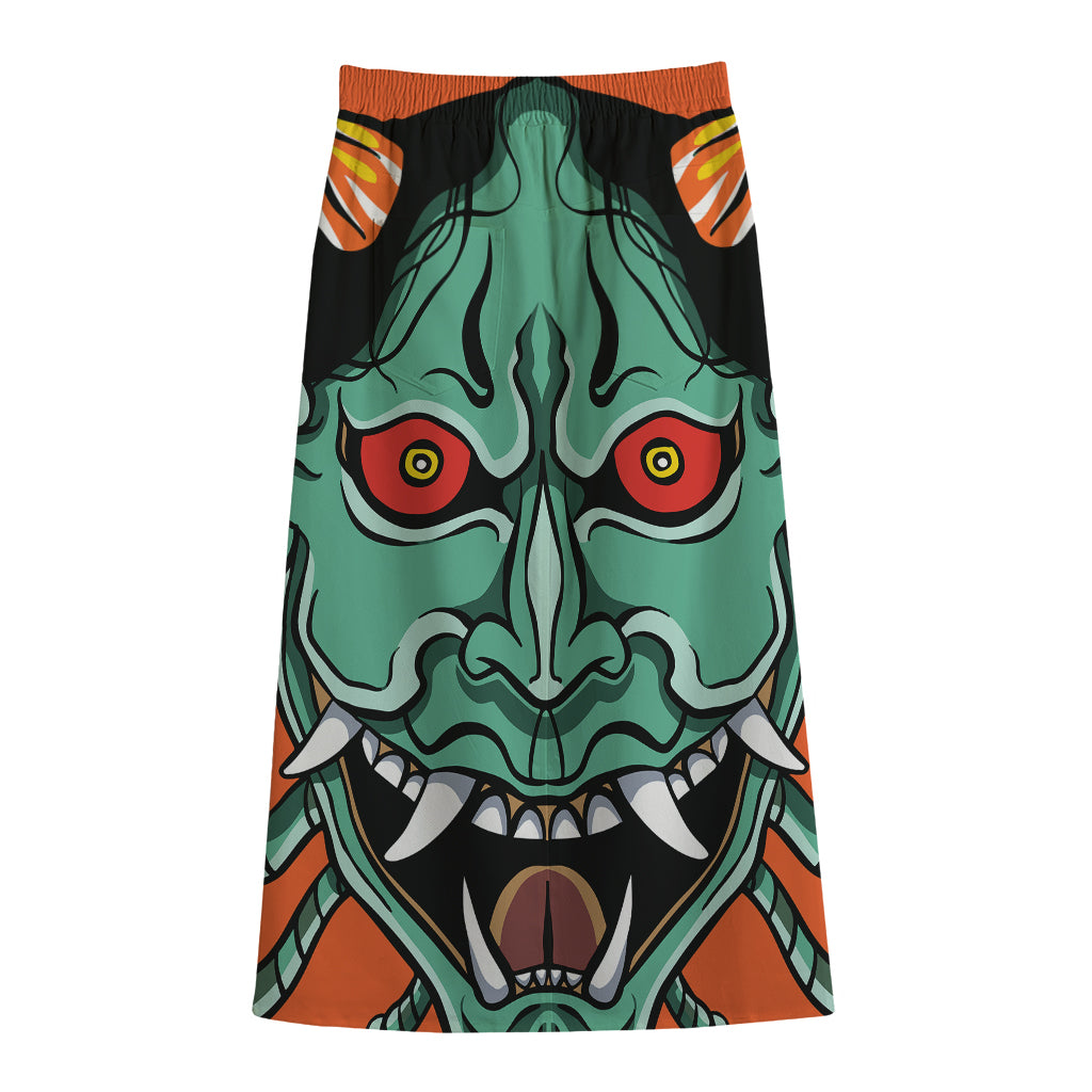 Japanese Demon Print Cotton Front Slit Maxi Skirt