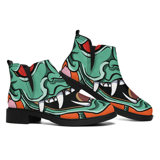 Japanese Demon Print Flat Ankle Boots