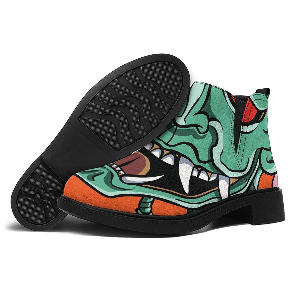 Japanese Demon Print Flat Ankle Boots