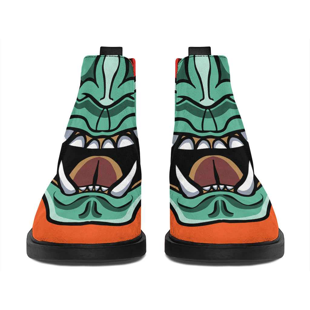 Japanese Demon Print Flat Ankle Boots