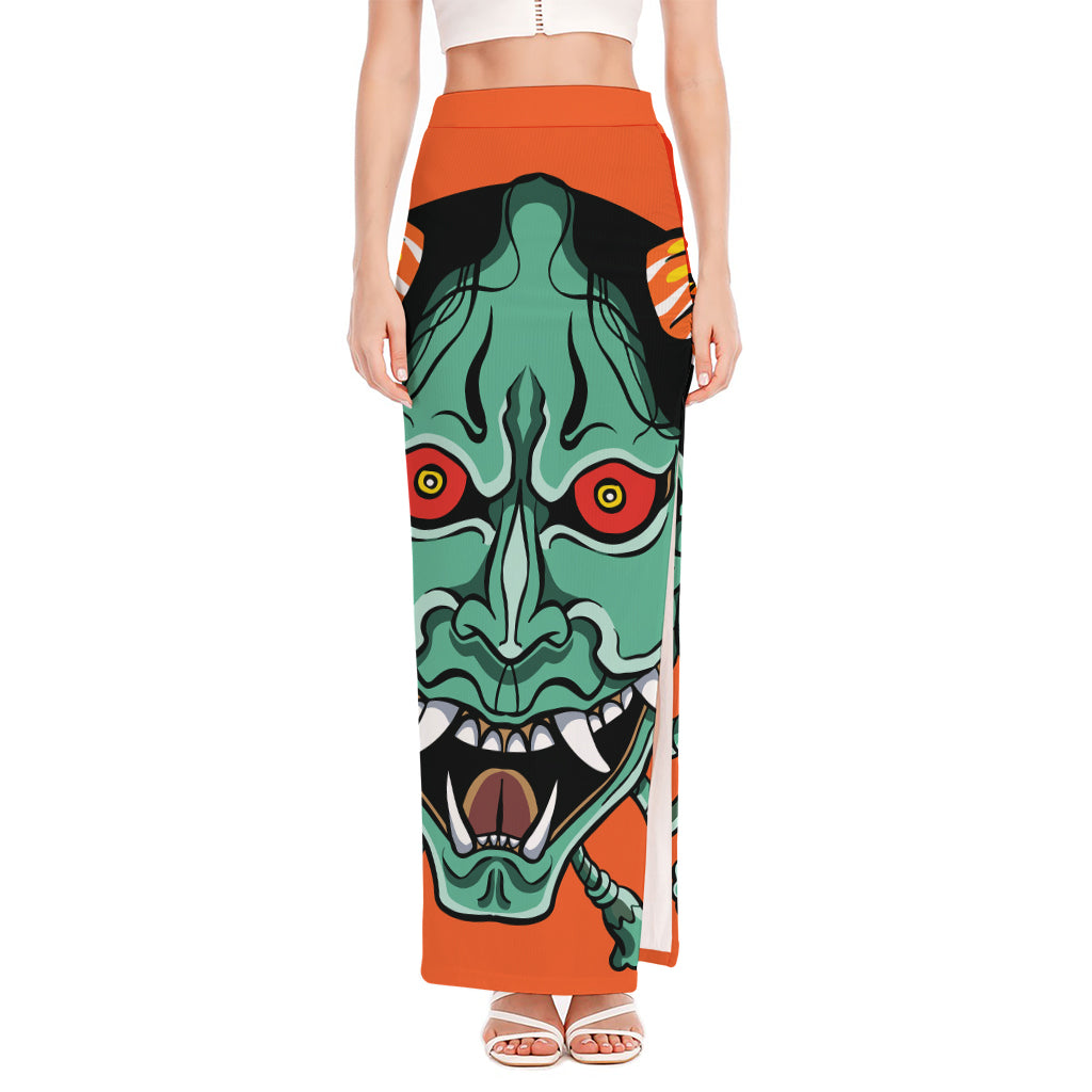 Japanese Demon Print High Slit Maxi Skirt