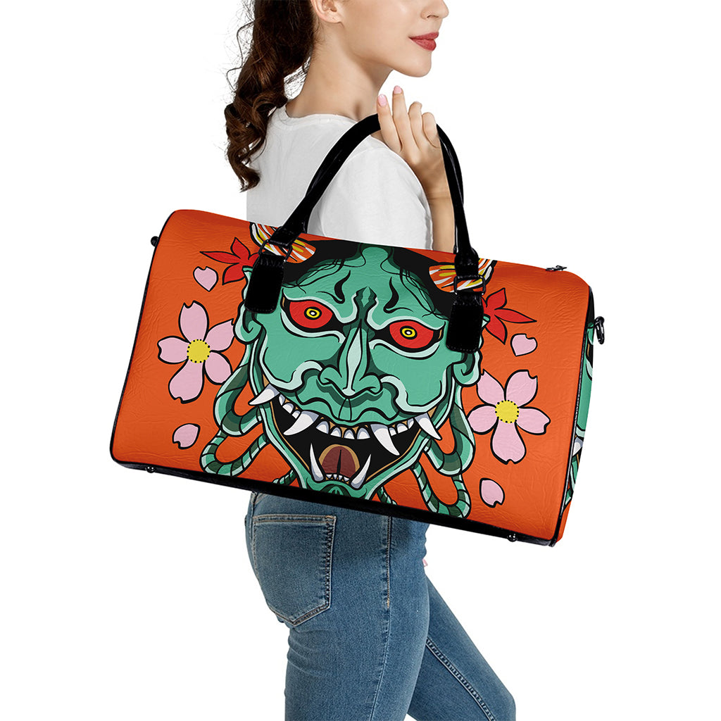 Japanese Demon Print Leather Duffle Bag