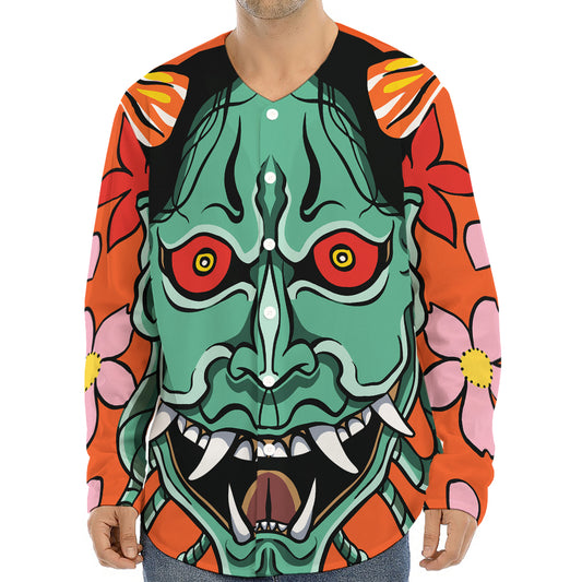 Japanese Demon Print Long Sleeve Baseball Jersey