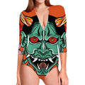 Japanese Demon Print Long Sleeve Swimsuit
