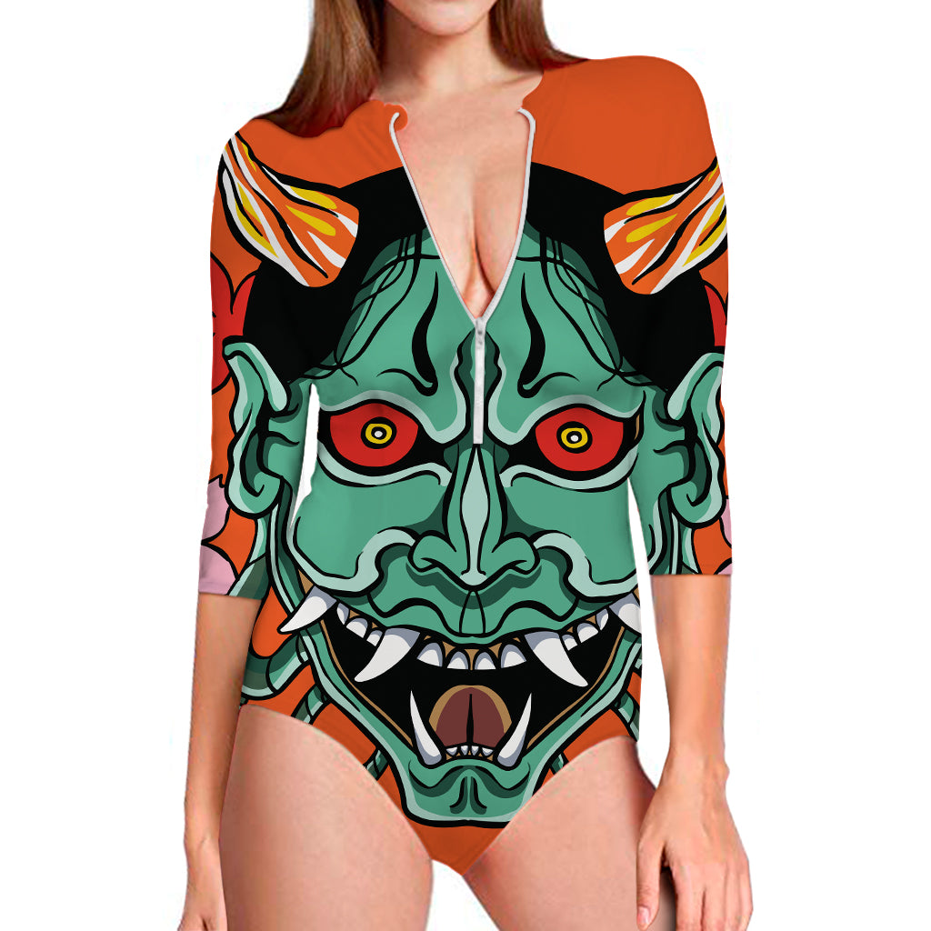 Japanese Demon Print Long Sleeve Swimsuit
