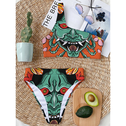 Japanese Demon Print One Shoulder Bikini Top