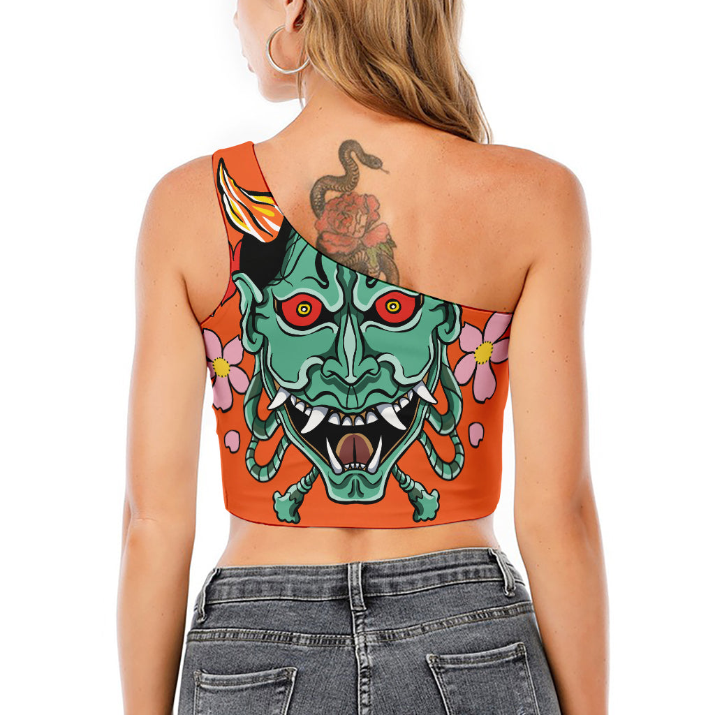 Japanese Demon Print One Shoulder Crop Top