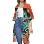 Japanese Demon Print Open Front Beach Cover Up