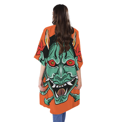 Japanese Demon Print Open Front Beach Cover Up