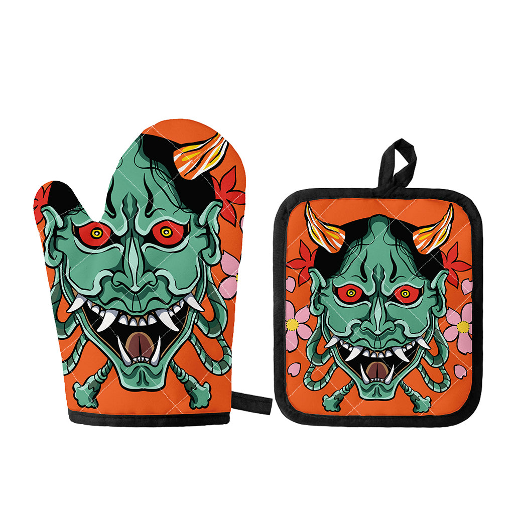 Japanese Demon Print Oven Mitt And Pot Holder Set