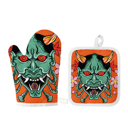 Japanese Demon Print Oven Mitt And Pot Holder Set