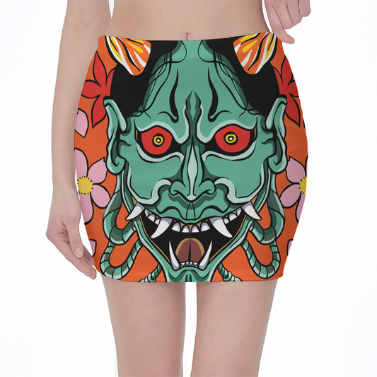 Japanese Demon Print Pencil Mini Skirt