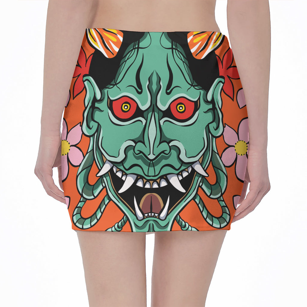 Japanese Demon Print Pencil Mini Skirt