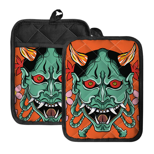 Japanese Demon Print Pot Holders With Pocket