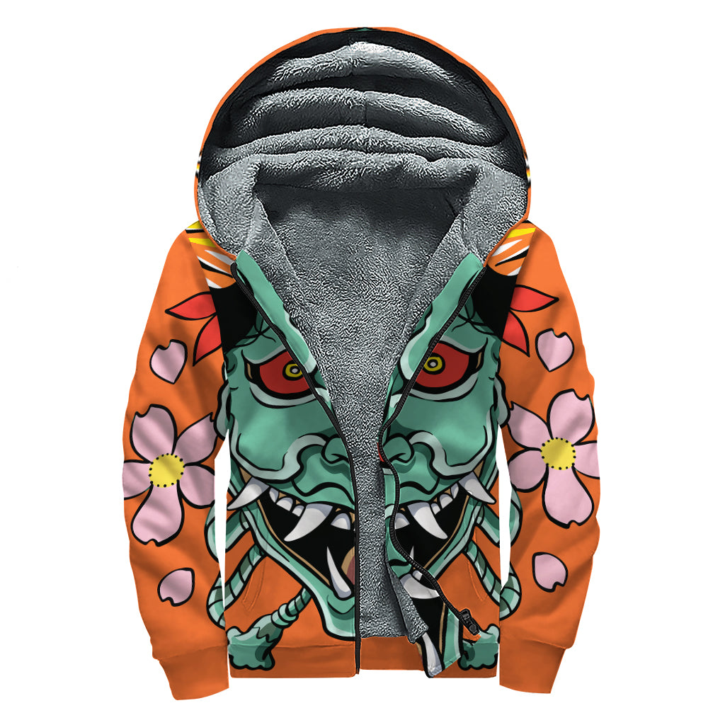 Japanese Demon Print Sherpa Lined Zip Up Hoodie