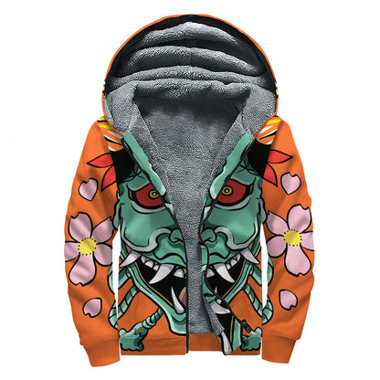 Japanese Demon Print Sherpa Lined Zip Up Hoodie