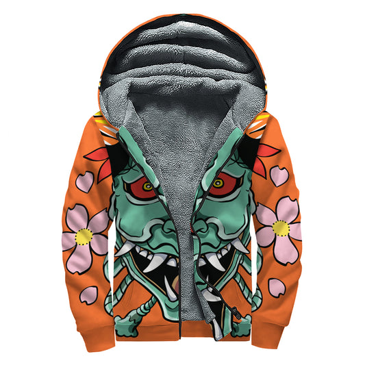 Japanese Demon Print Sherpa Lined Zip Up Hoodie