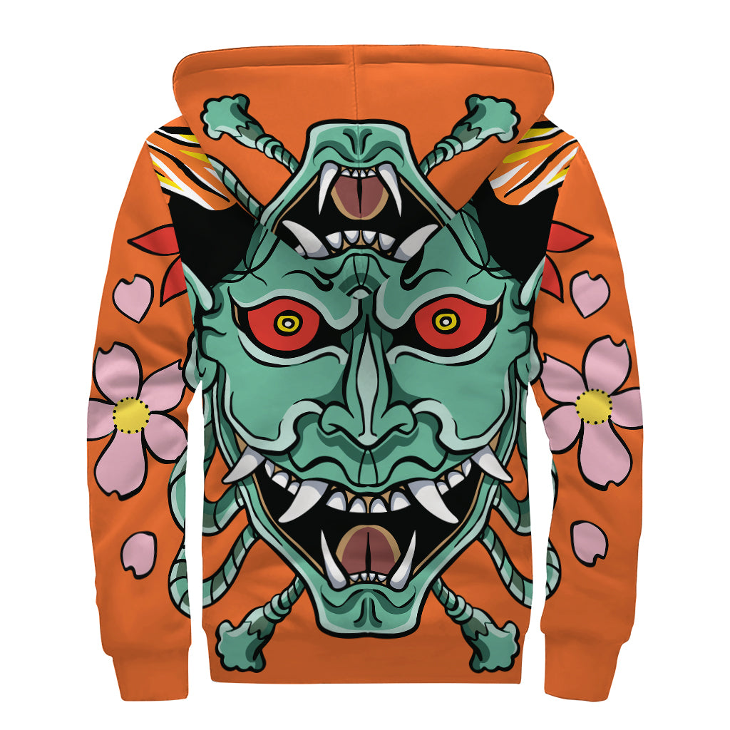 Japanese Demon Print Sherpa Lined Zip Up Hoodie