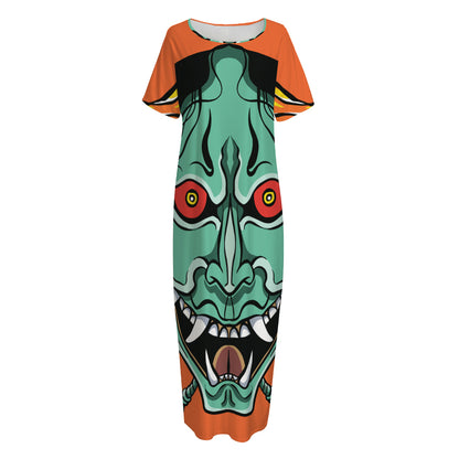 Japanese Demon Print Short Sleeve Long Nightdress