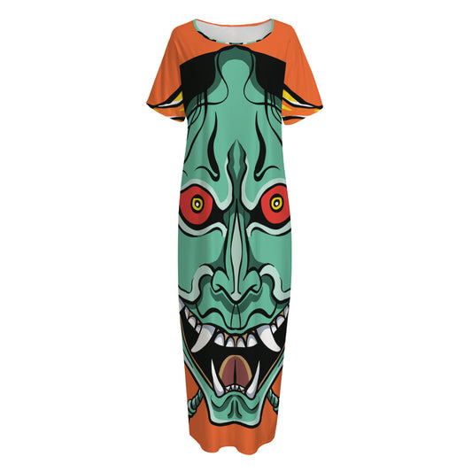 Japanese Demon Print Short Sleeve Long Nightdress