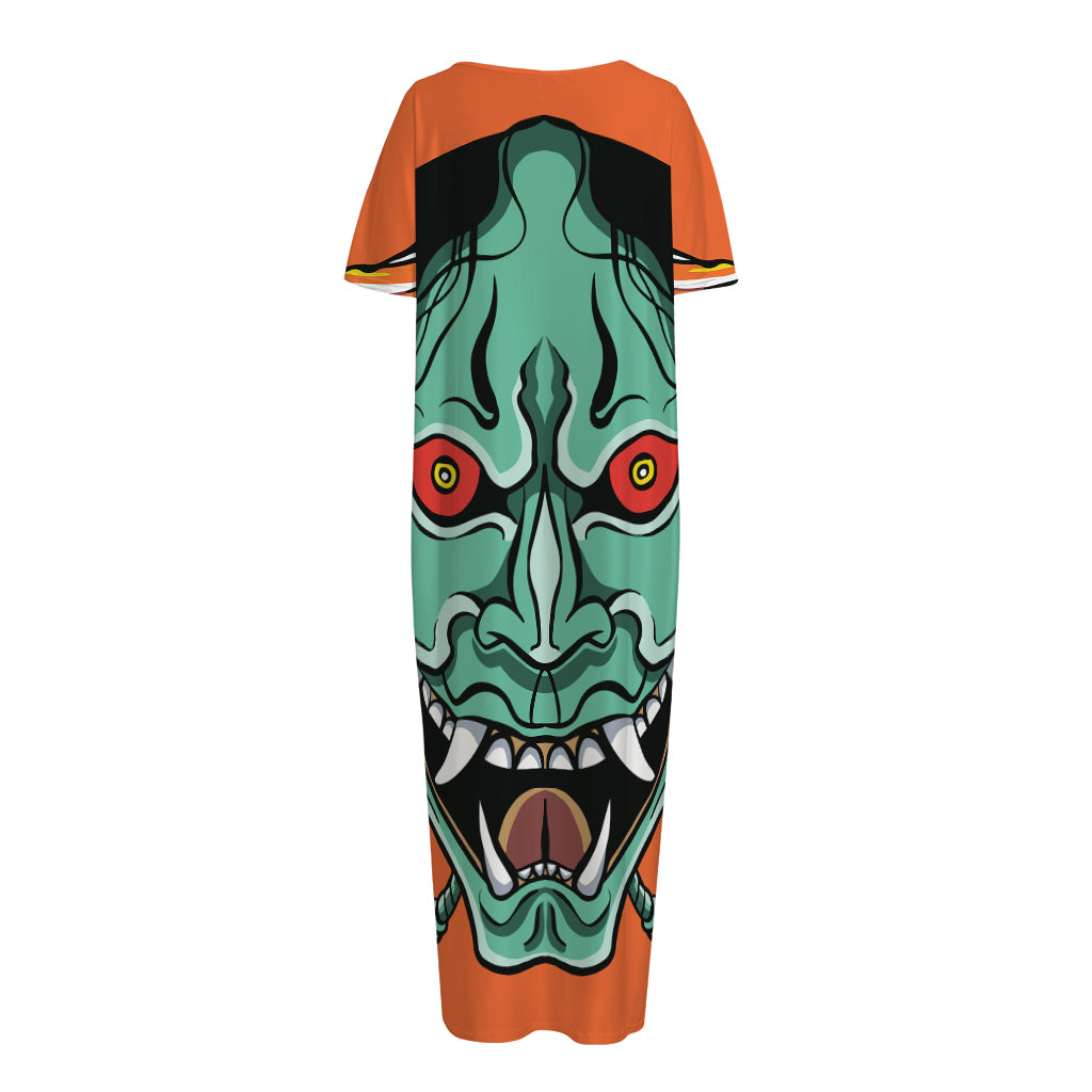 Japanese Demon Print Short Sleeve Long Nightdress