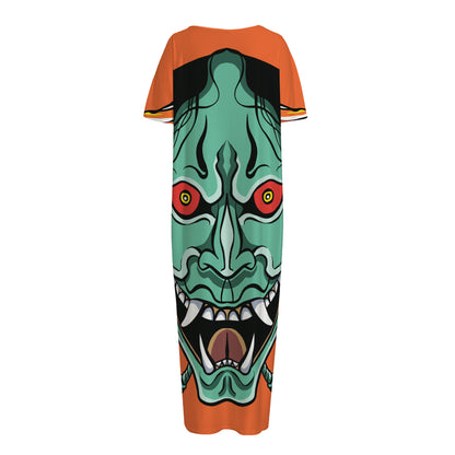Japanese Demon Print Short Sleeve Long Nightdress