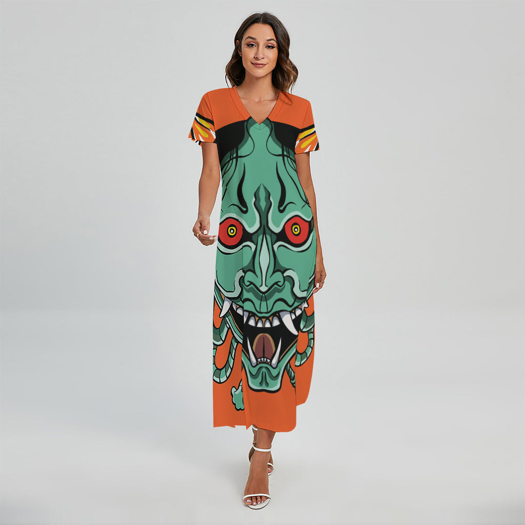 Japanese Demon Print Short Sleeve Maxi Dress