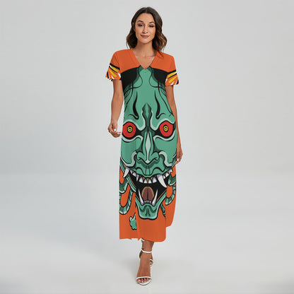 Japanese Demon Print Short Sleeve Maxi Dress