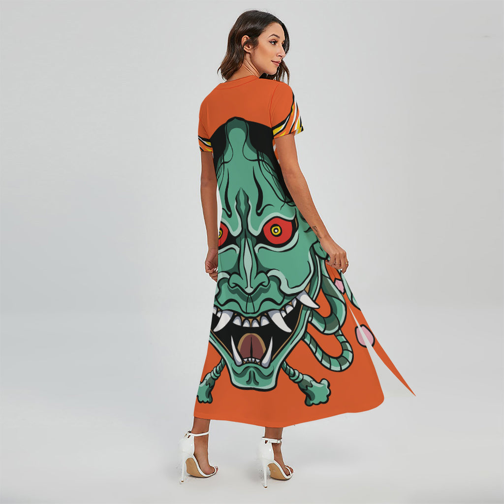 Japanese Demon Print Short Sleeve Maxi Dress