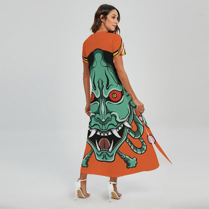 Japanese Demon Print Short Sleeve Maxi Dress