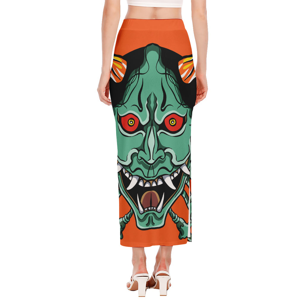 Japanese Demon Print Side Slit Maxi Skirt