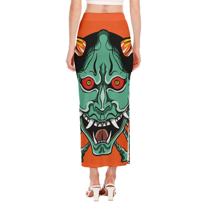 Japanese Demon Print Side Slit Maxi Skirt