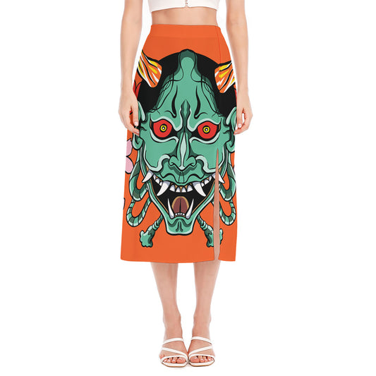 Japanese Demon Print Side Slit Midi Skirt