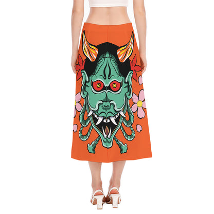 Japanese Demon Print Side Slit Midi Skirt
