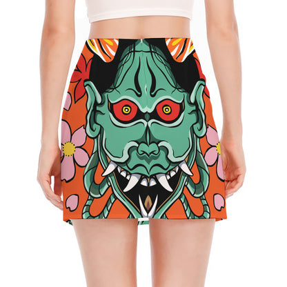 Japanese Demon Print Side Slit Mini Skirt