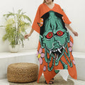 Japanese Demon Print Silk V-Neck Kaftan Dress