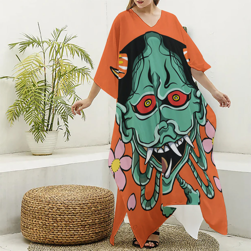 Japanese Demon Print Silk V-Neck Kaftan Dress