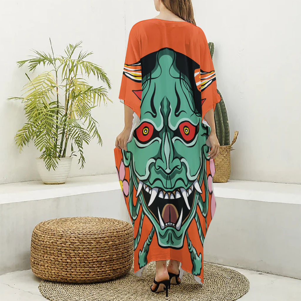 Japanese Demon Print Silk V-Neck Kaftan Dress