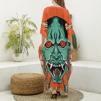 Japanese Demon Print Silk V-Neck Kaftan Dress