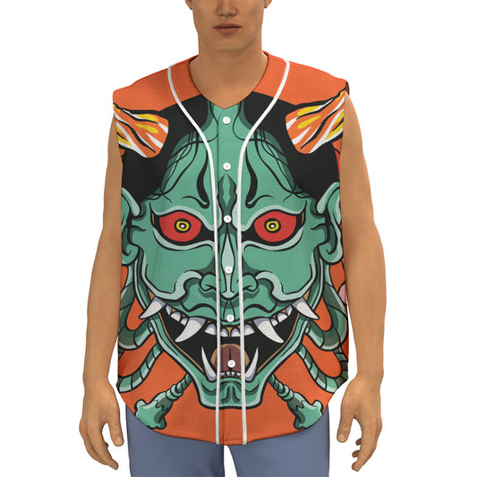 Japanese Demon Print Sleeveless Baseball Jersey