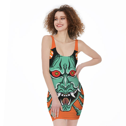 Japanese Demon Print Sleeveless Bodycon Dress