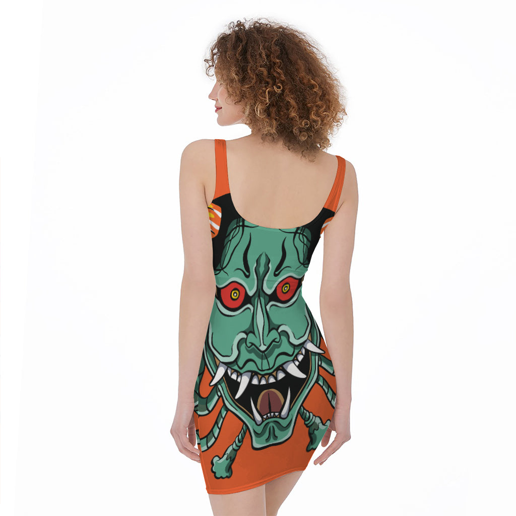 Japanese Demon Print Sleeveless Bodycon Dress