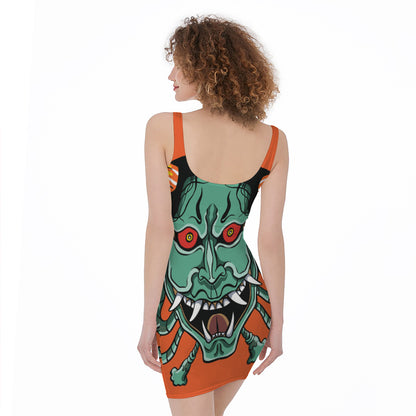 Japanese Demon Print Sleeveless Bodycon Dress
