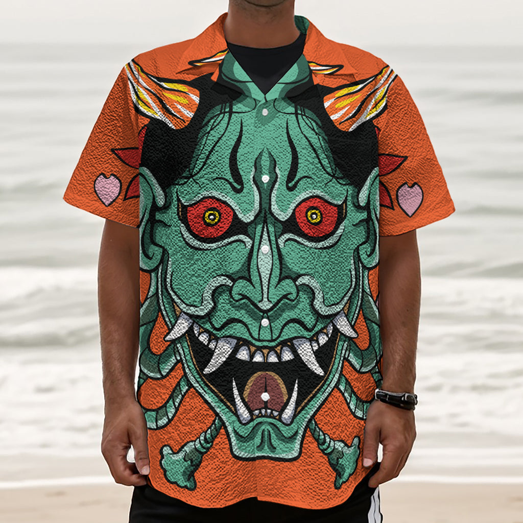 Japanese Demon Print Textured Short Sleeve Shirt