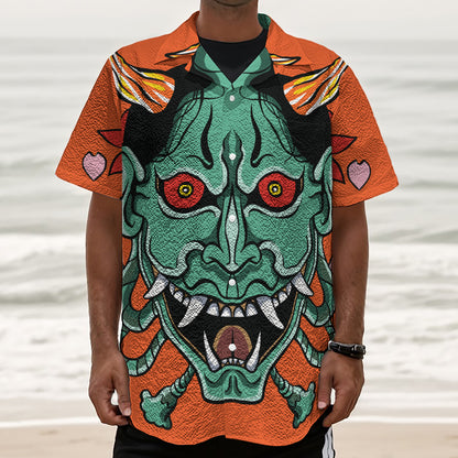 Japanese Demon Print Textured Short Sleeve Shirt