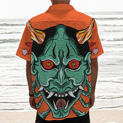 Japanese Demon Print Textured Short Sleeve Shirt