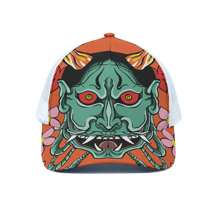 Japanese Demon Print White Mesh Trucker Cap