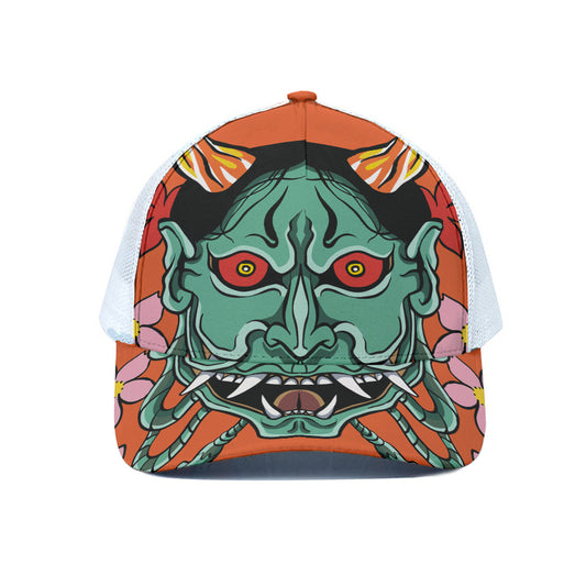 Japanese Demon Print White Mesh Trucker Cap