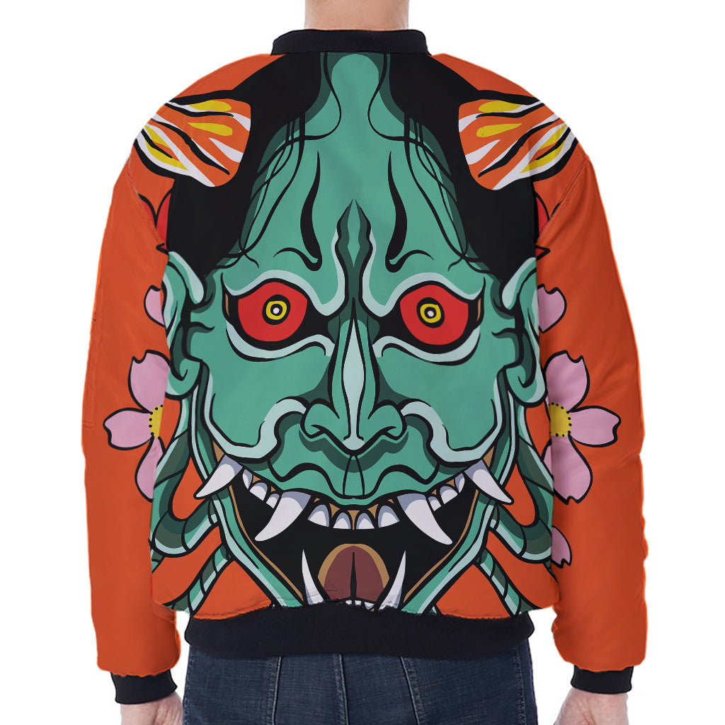 Japanese Demon Print Zip Sleeve Bomber Jacket